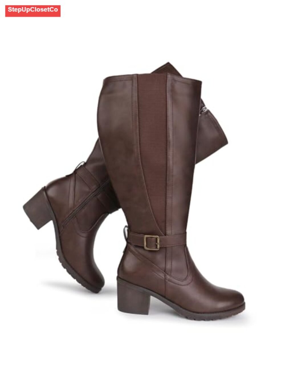 Wide Calf Knee High Boots Stretch Panel Side Zipper Block Heel